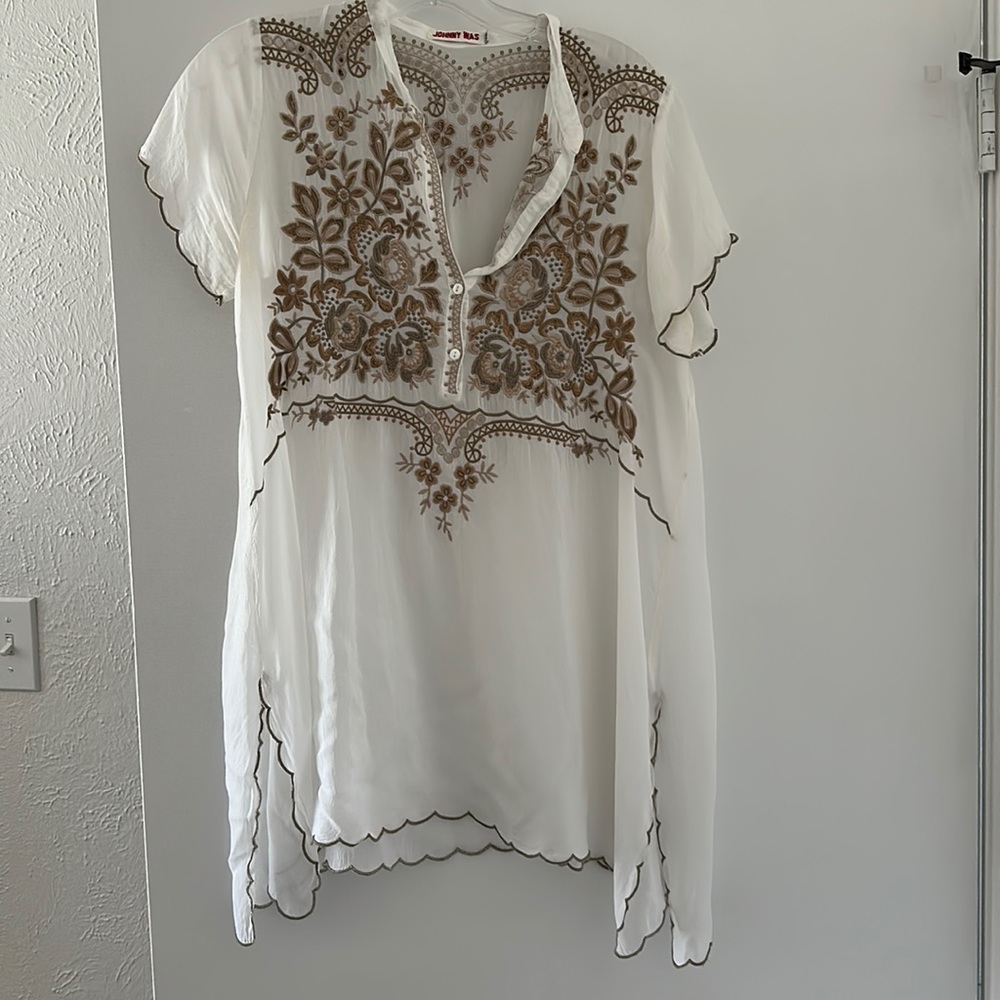 Johnny Was crochet detail short sleeve tunic top